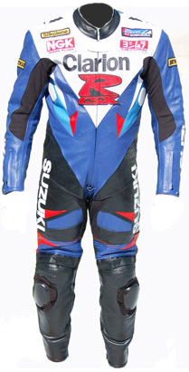 Clarion Suzuki GSXR motorcycle leather racing suit
