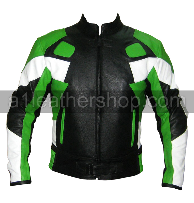 Motorbike racing leather jacket black green white color
