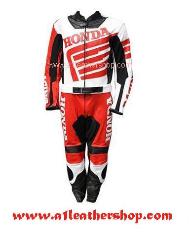 Stylish honda motorcycle racing leather suit in black red white color