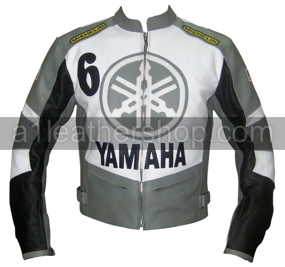 Yamaha 6 motorcycle leather jacket grey black white color