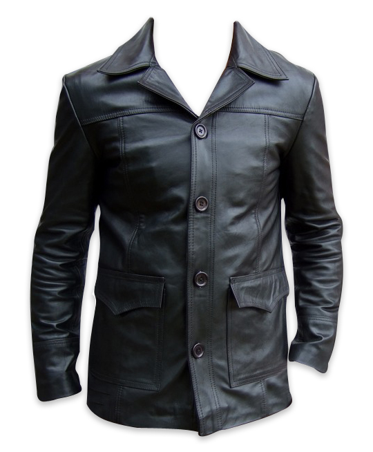 mens four button black leather coat