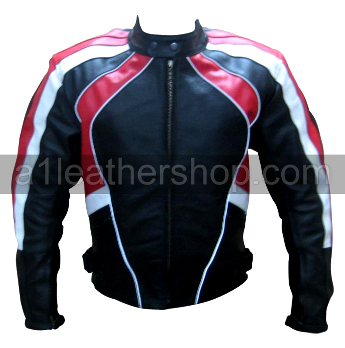 motorcycle fashion leather jacket in black white red color