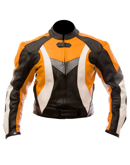 motorcycle leather jacket in orange black white color