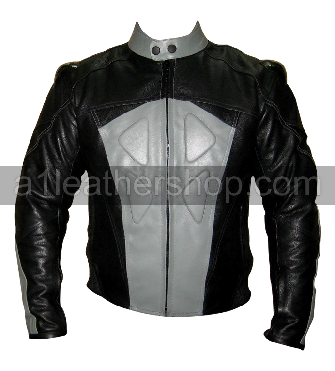 silver and black color motorbike racing leather jacket